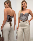 Cropped Corset Kefera Marrom/Branco 127060